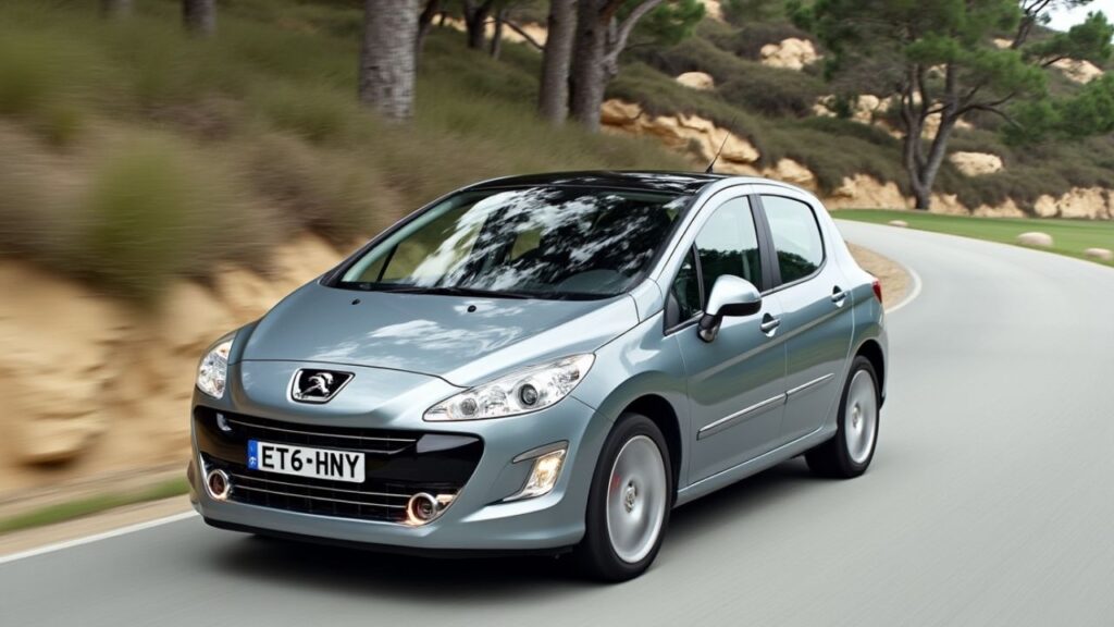 Peugeot 308 de color gris en una carretera de montaña