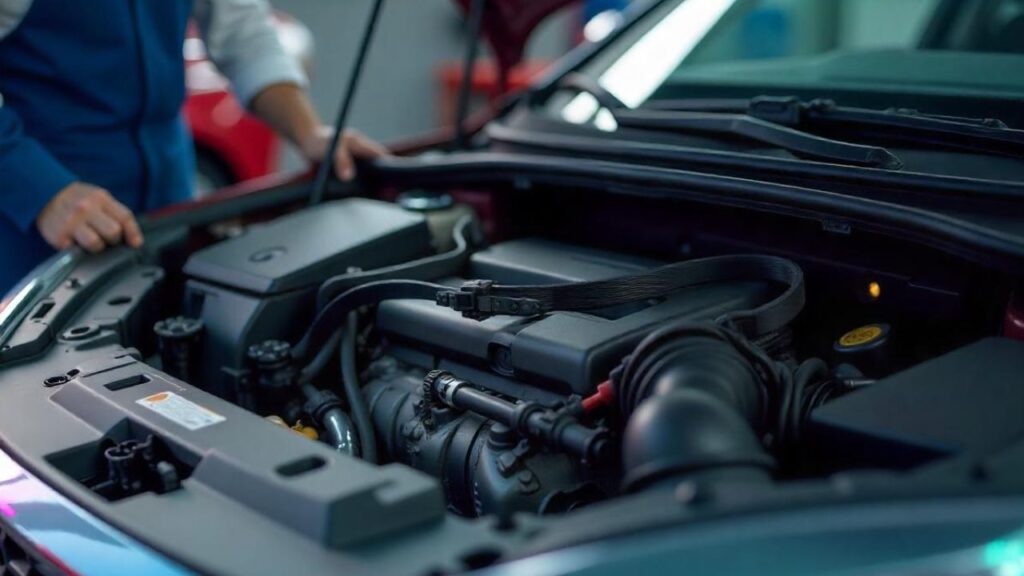 mecánico cambiando la correa de distribución de un motor puretech